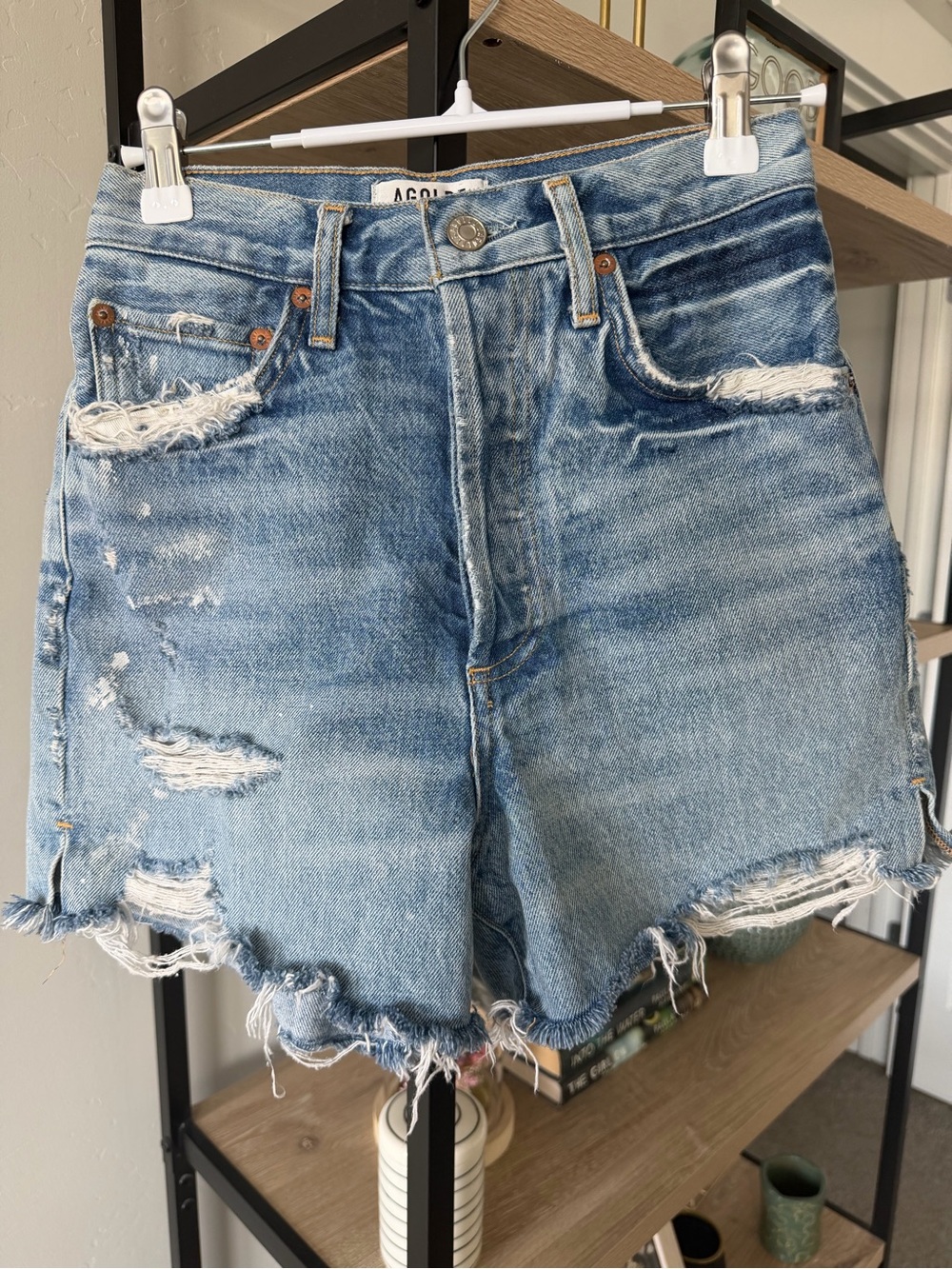 Agolde Dee Blue High-Rise Distressed Denim Shorts